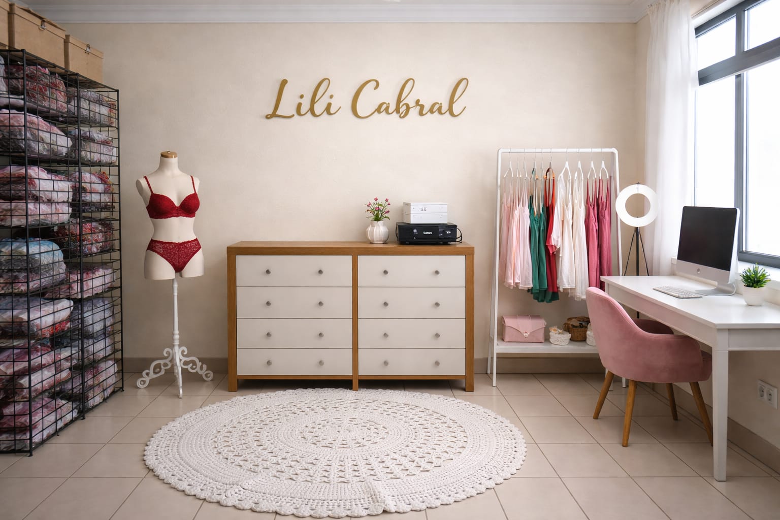 Atelier Lili Cabral com pijamas de seda dobrados e rosas